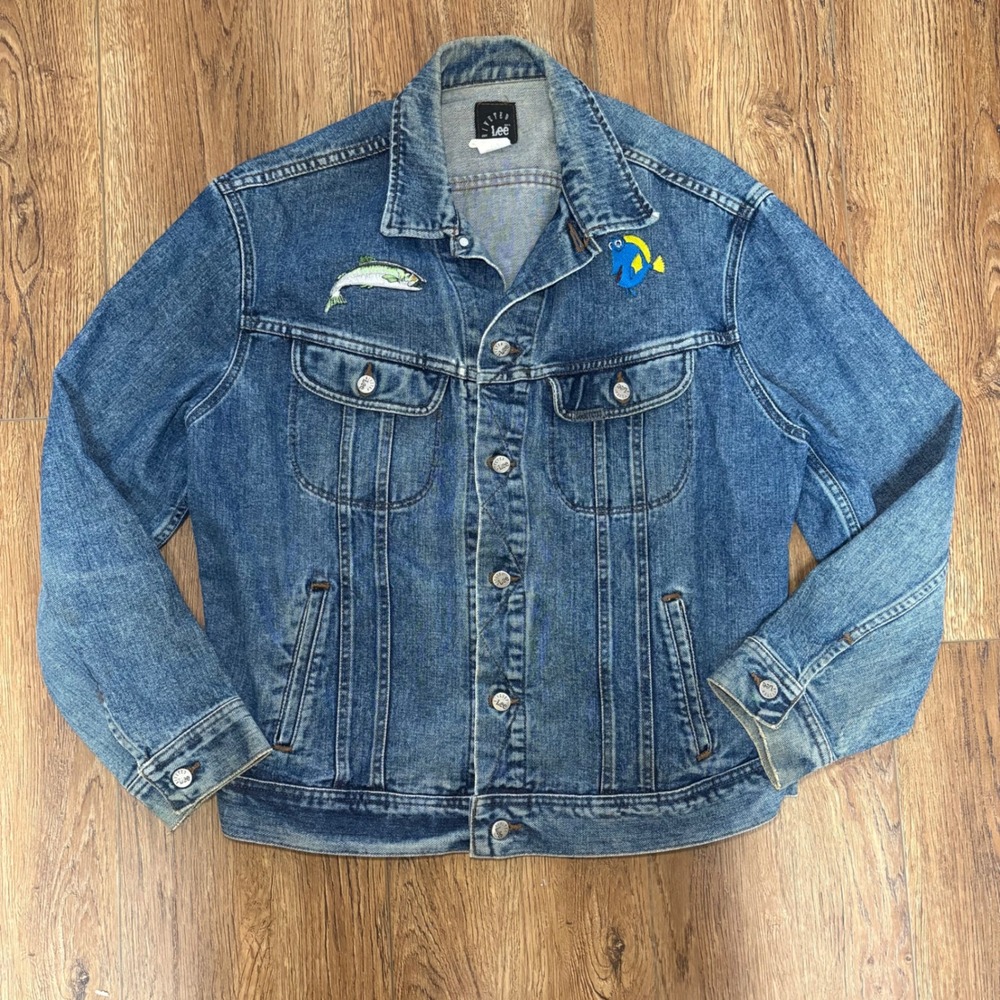 VTG Lee‎ riveted denim trucker jacket mens L USA made embroidered patches 80s